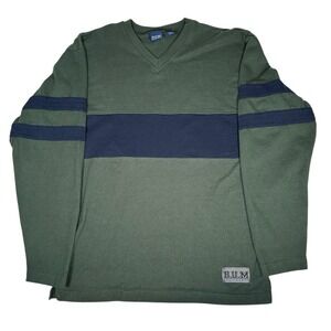 Vtg Y2k 90s BUM Equipment Green Blue Striped Long Sleeve Shirt MED 100% Cotton